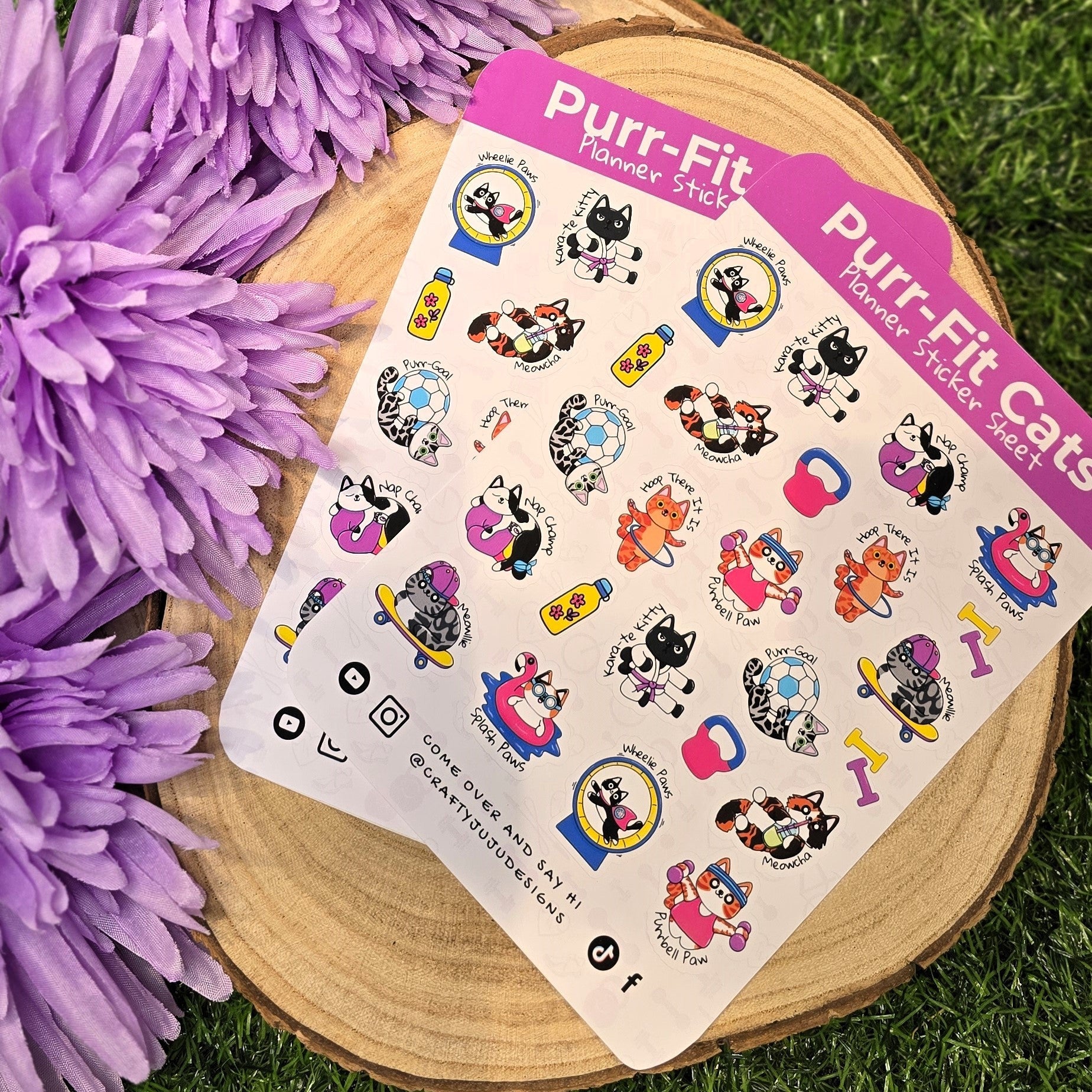 Purr-Fit Cats A6 planner sticker sheet with fitness cat illustrations