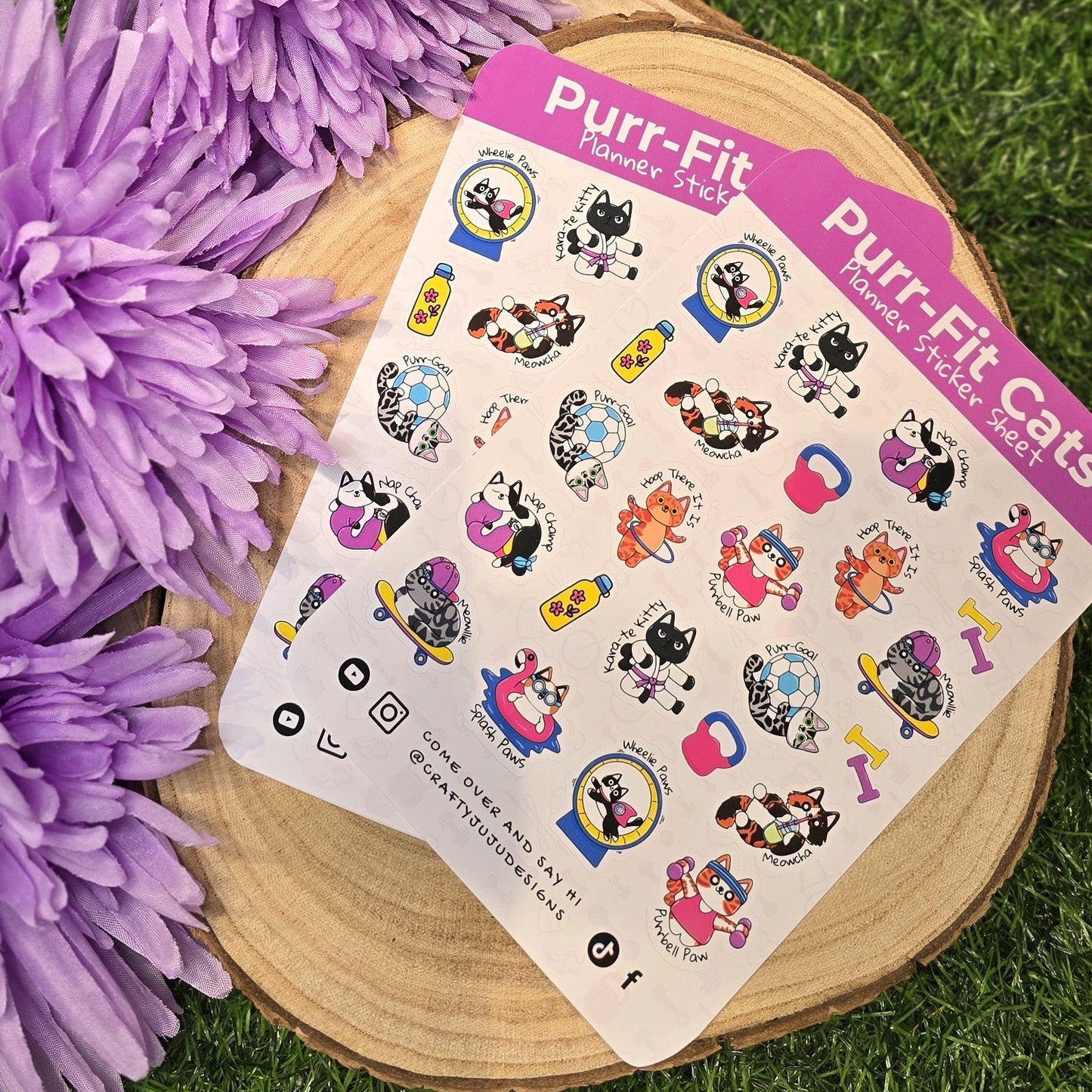 Purr-Fit Cats A6 planner sticker sheet with fitness cat illustrations