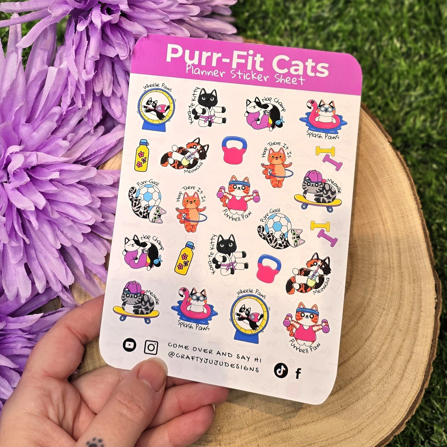 Purr-Fit Cats A6 planner sticker sheet with fitness cat illustrations