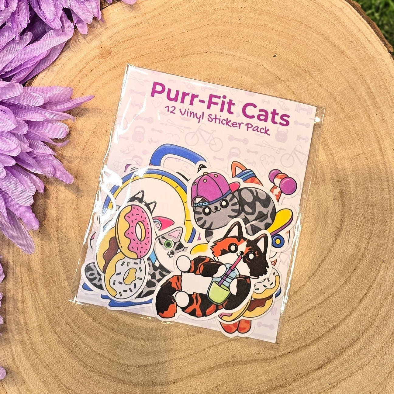Purr-Fit Cats vinyl sticker pack with 12 fitness cat designs