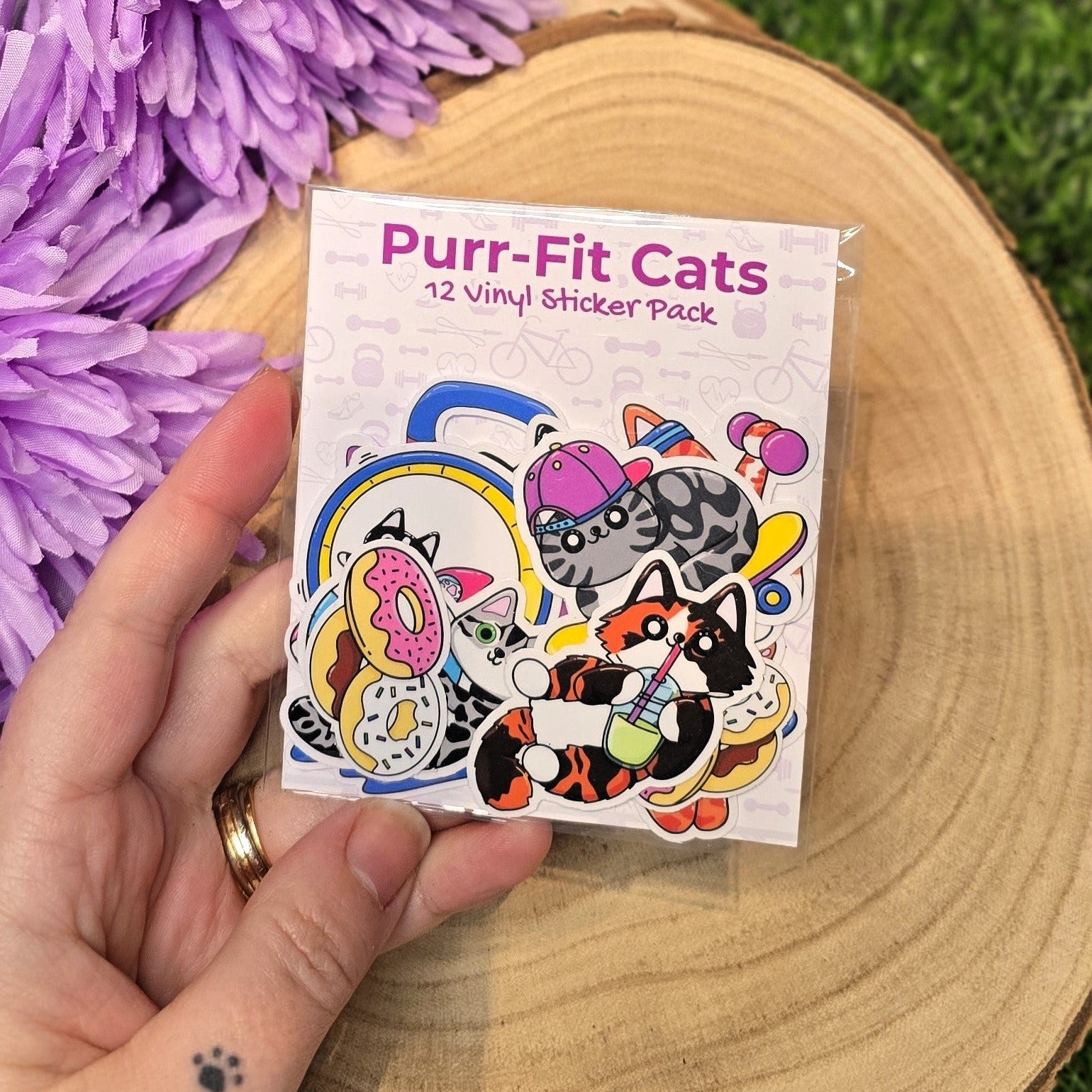 Purr-Fit Cats vinyl sticker pack with 12 fitness cat designs
