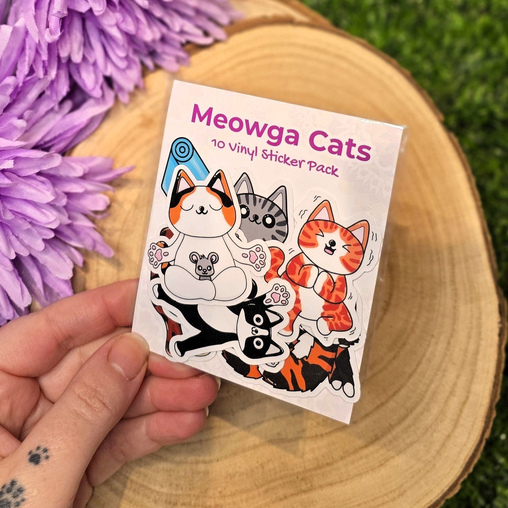 Meowga Cats vinyl sticker pack with yoga cat designs