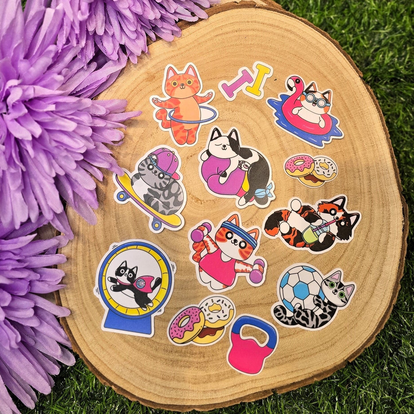 Purr-Fit Cats vinyl sticker pack with 12 fitness cat designs
