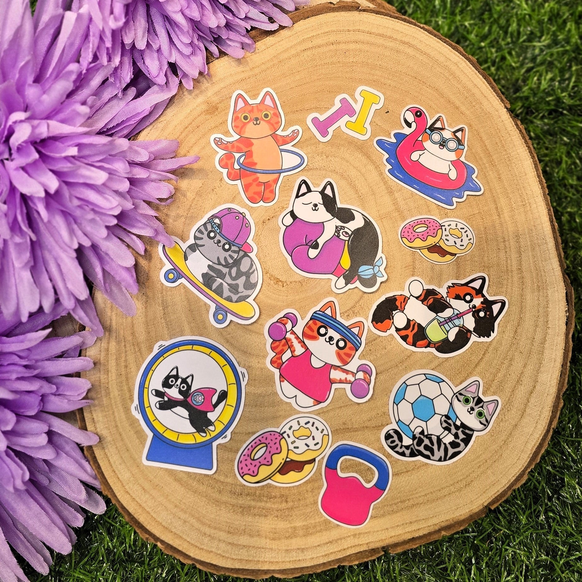 Purr-Fit Cats vinyl sticker pack with 12 fitness cat designs