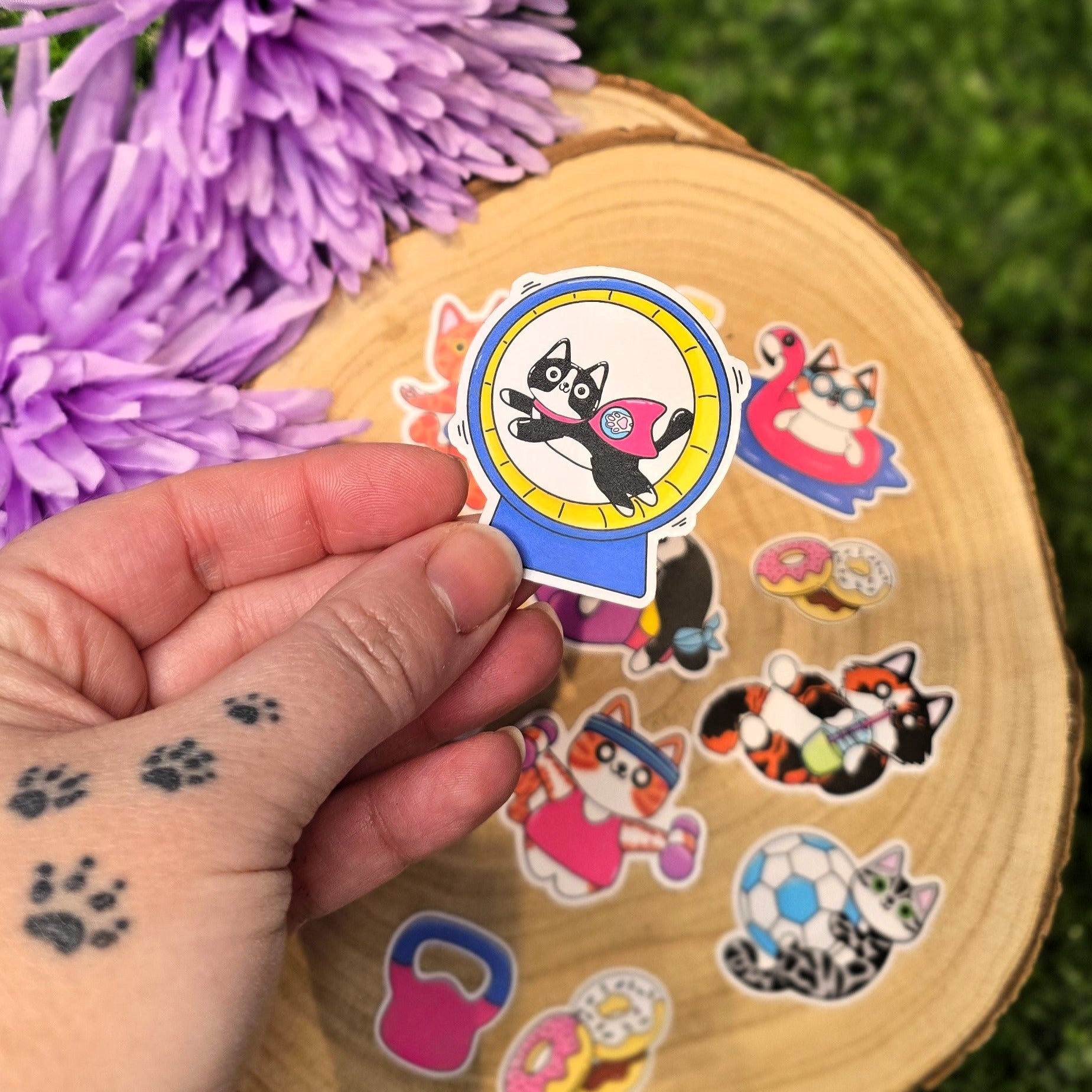 Purr-Fit Cats vinyl sticker pack with 12 fitness cat designs