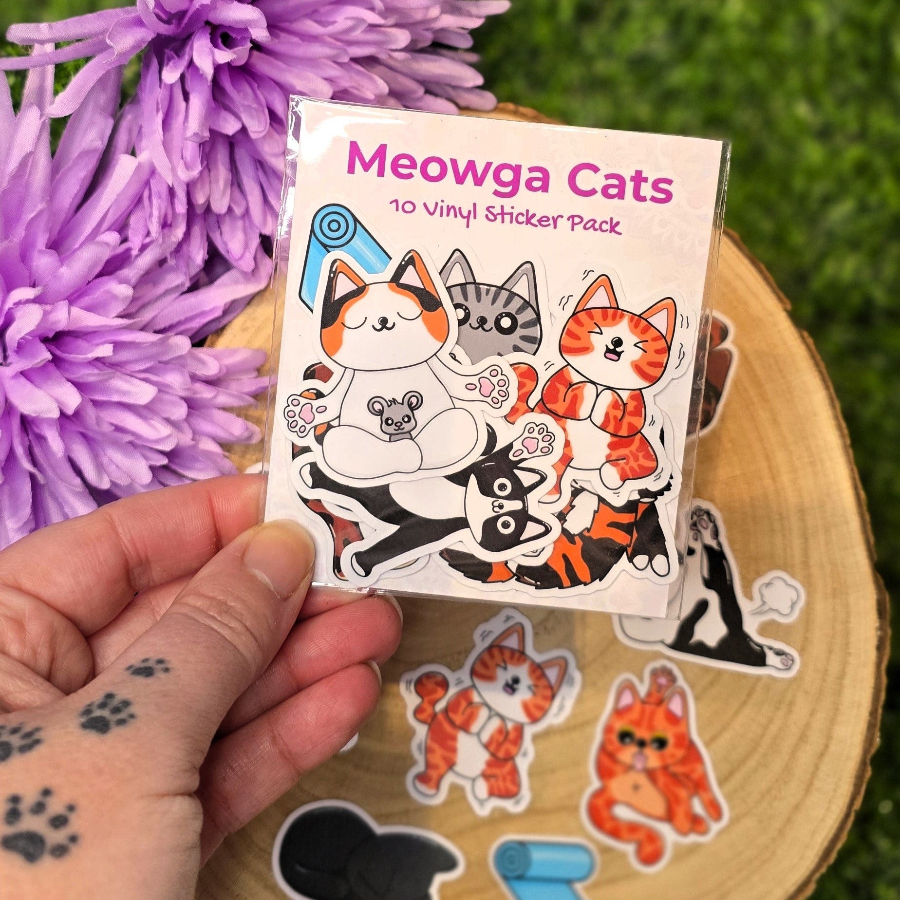Meowga Cats vinyl sticker pack with yoga cat designs