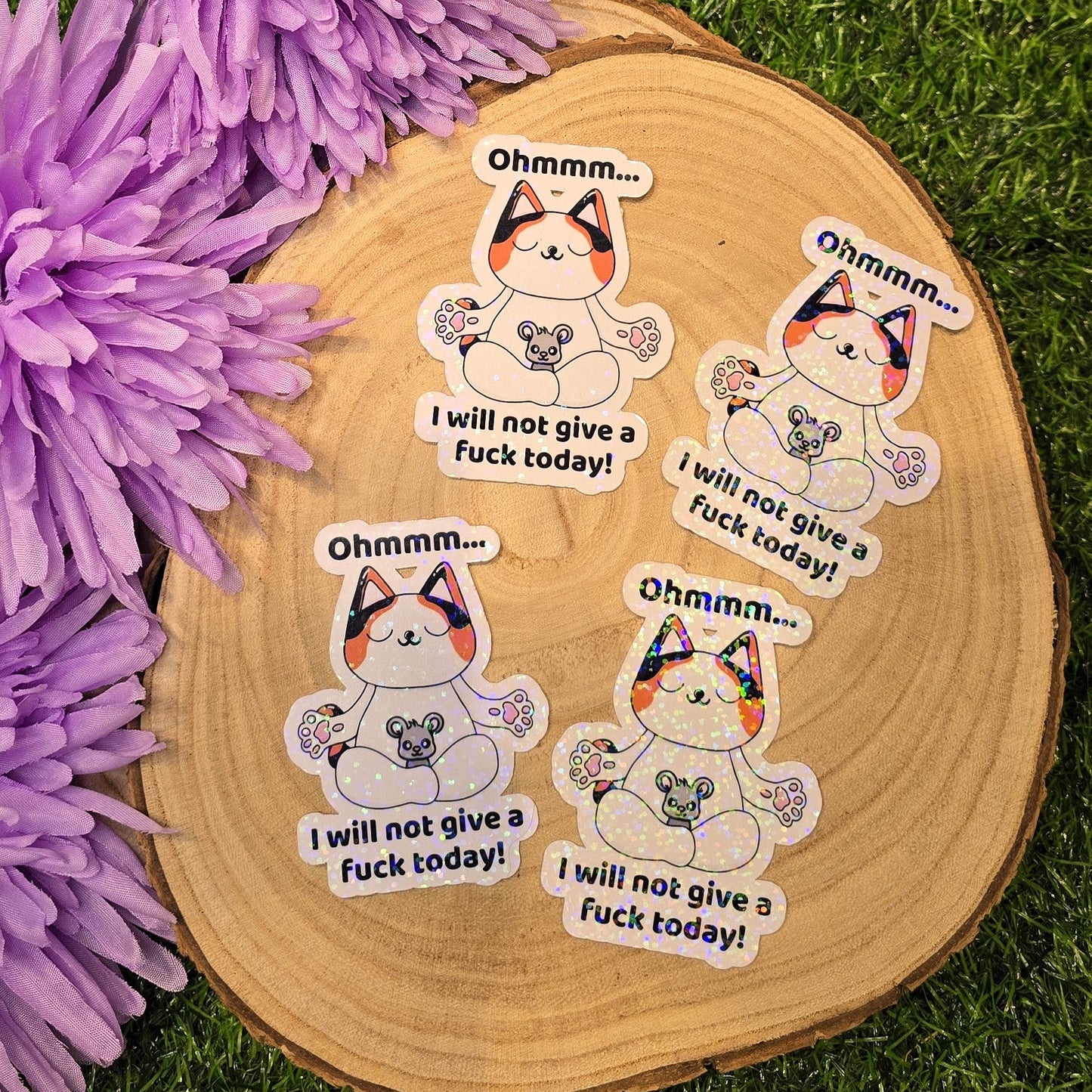 Funny holographic yoga cat sticker with Ohmmm phrase