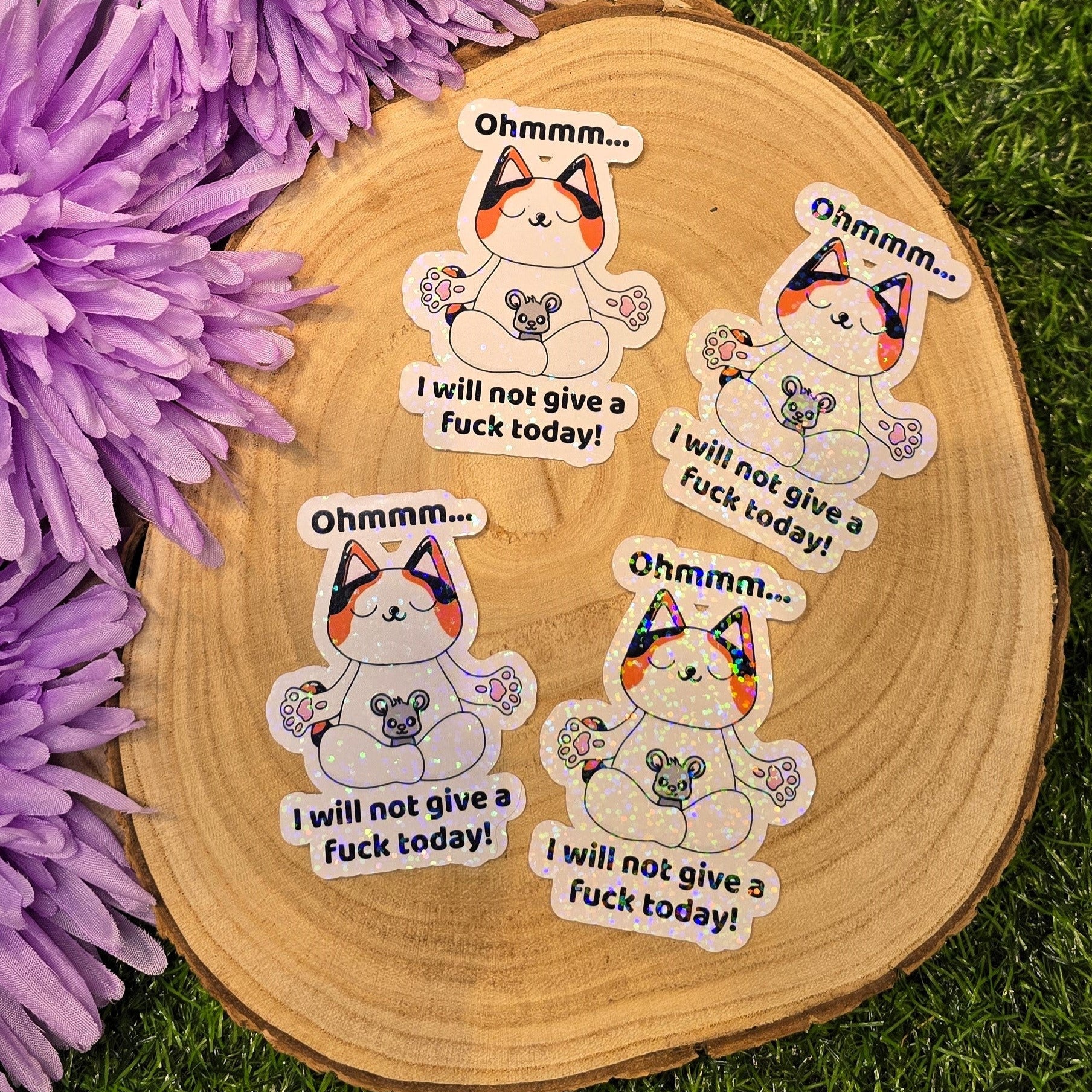 Funny holographic yoga cat sticker with Ohmmm phrase