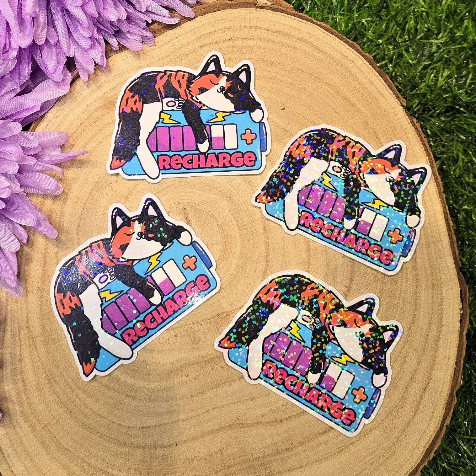 Holographic Recharge cat sticker with low battery icon