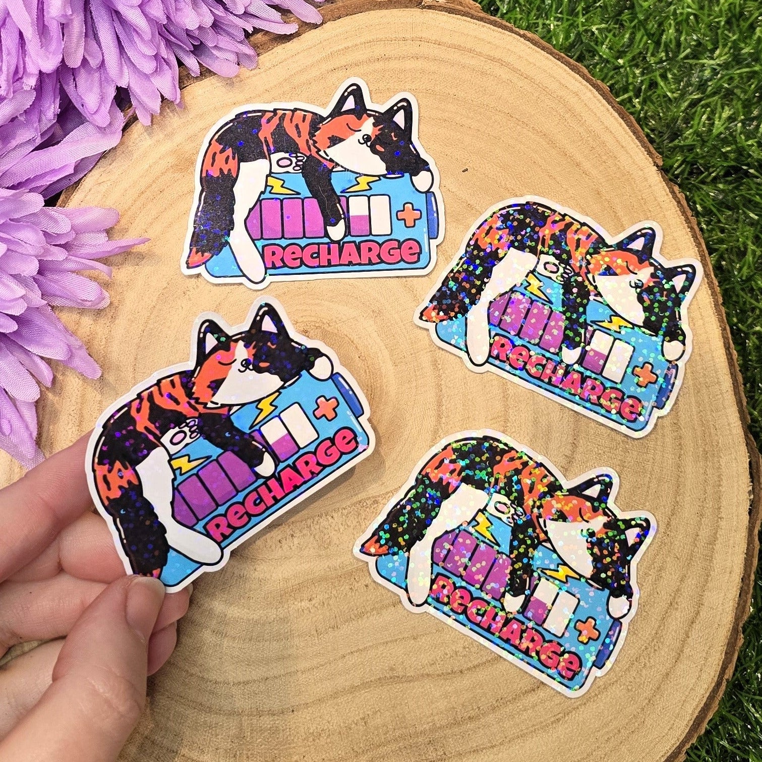 Holographic Recharge cat sticker with low battery icon