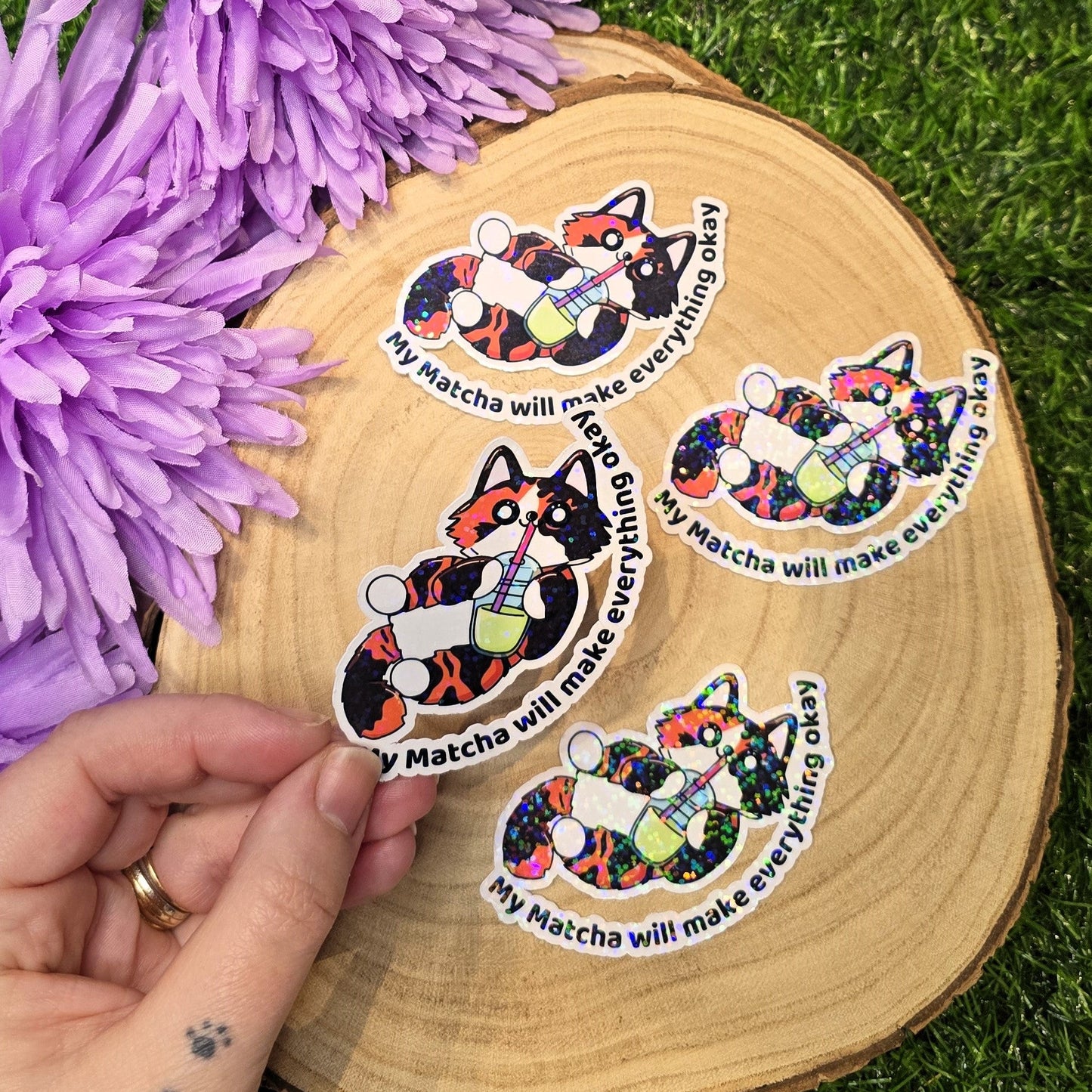 Holographic matcha cat sticker with Everything Will Be Okay text