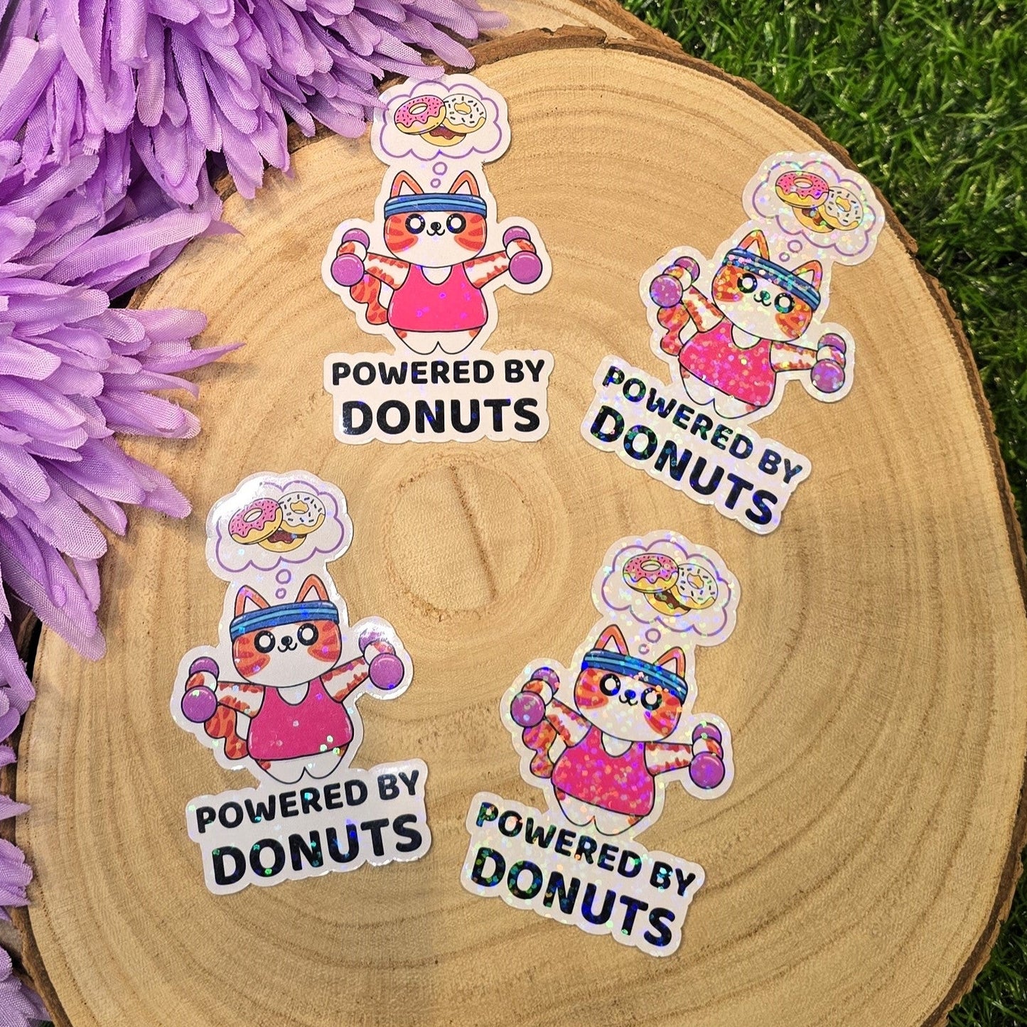 Holographic Powered by Donuts cat sticker lifting weights