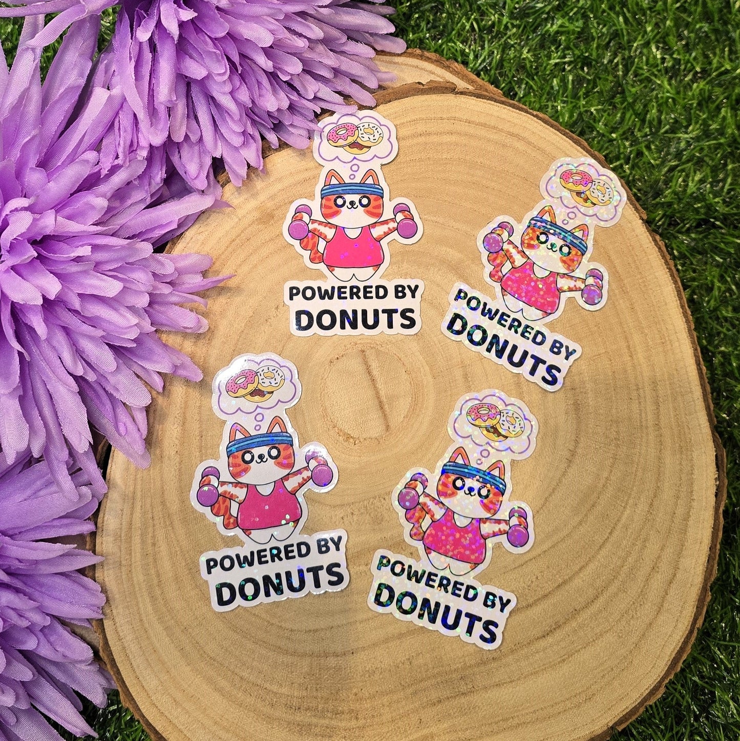 Holographic Powered by Donuts cat sticker lifting weights