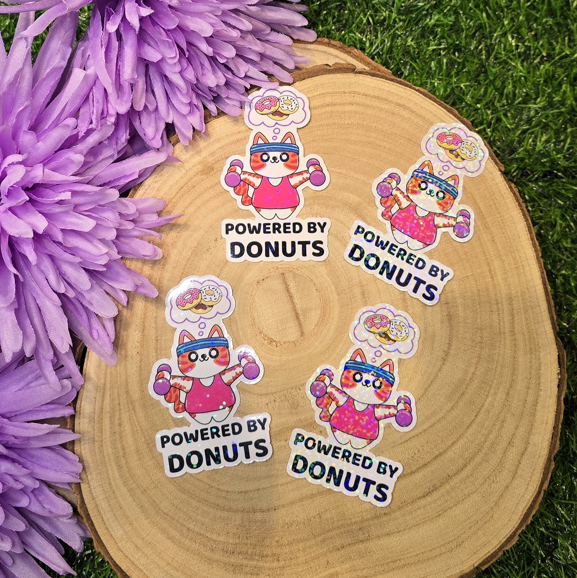 Holographic Powered by Donuts cat sticker lifting weights