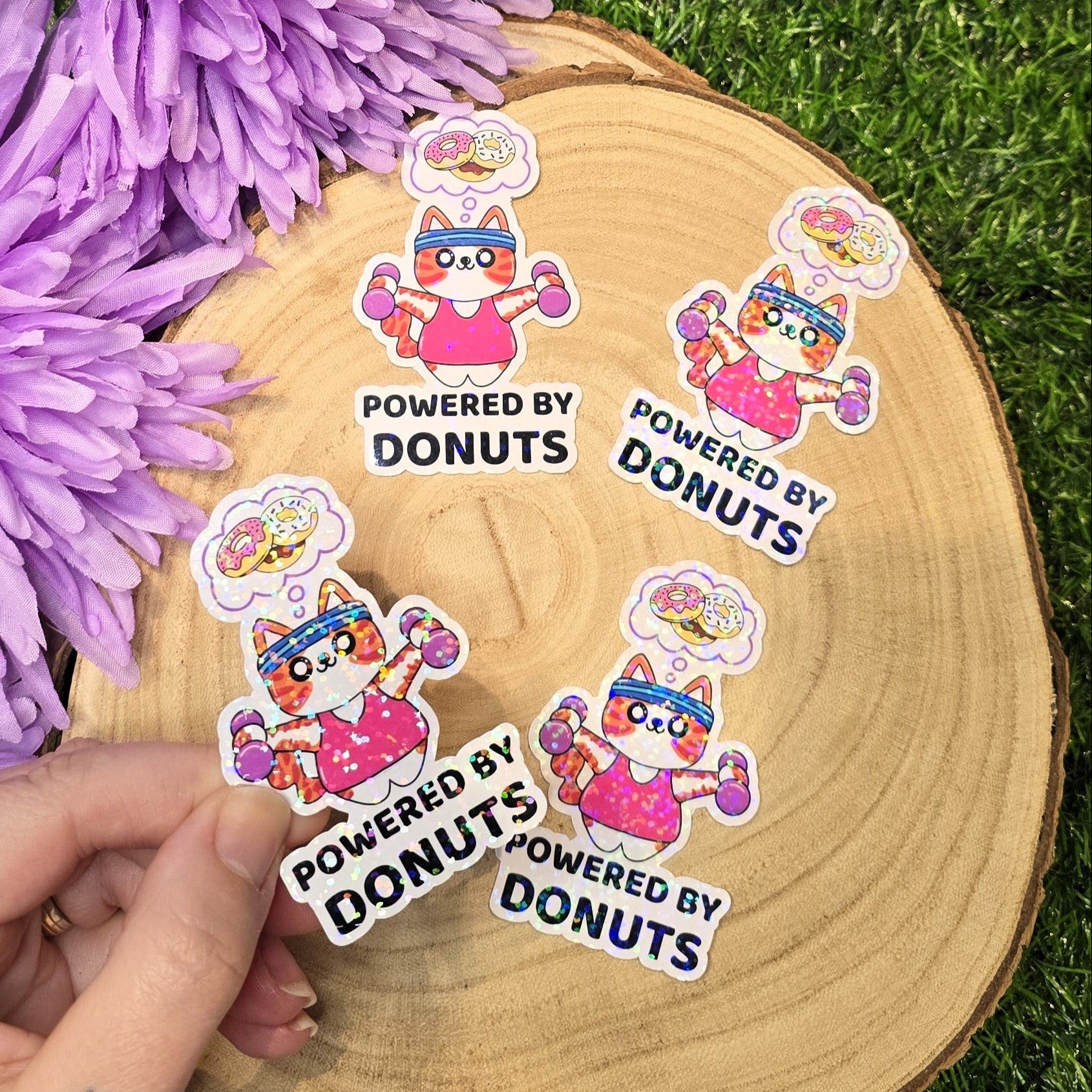 Holographic Powered by Donuts cat sticker lifting weights