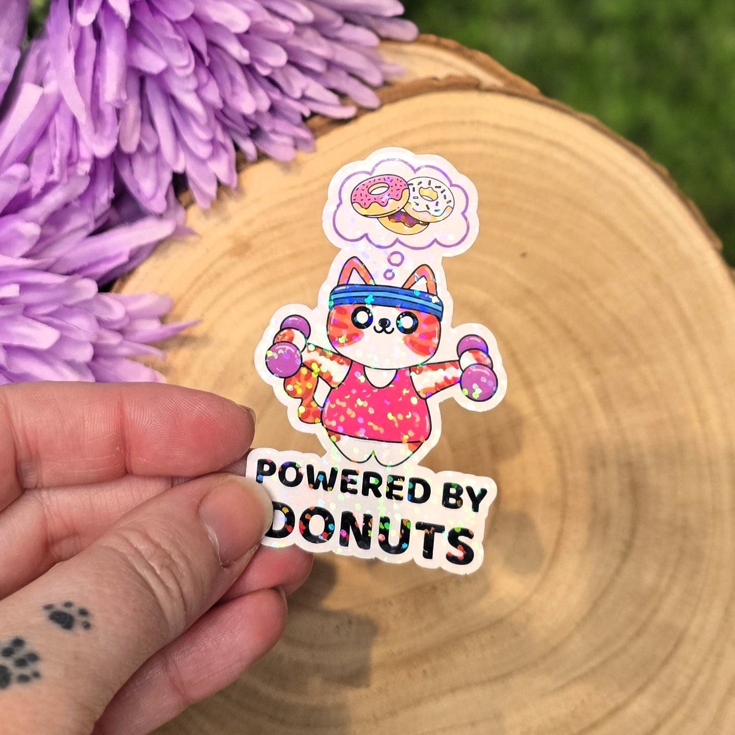 Holographic Powered by Donuts cat sticker lifting weights
