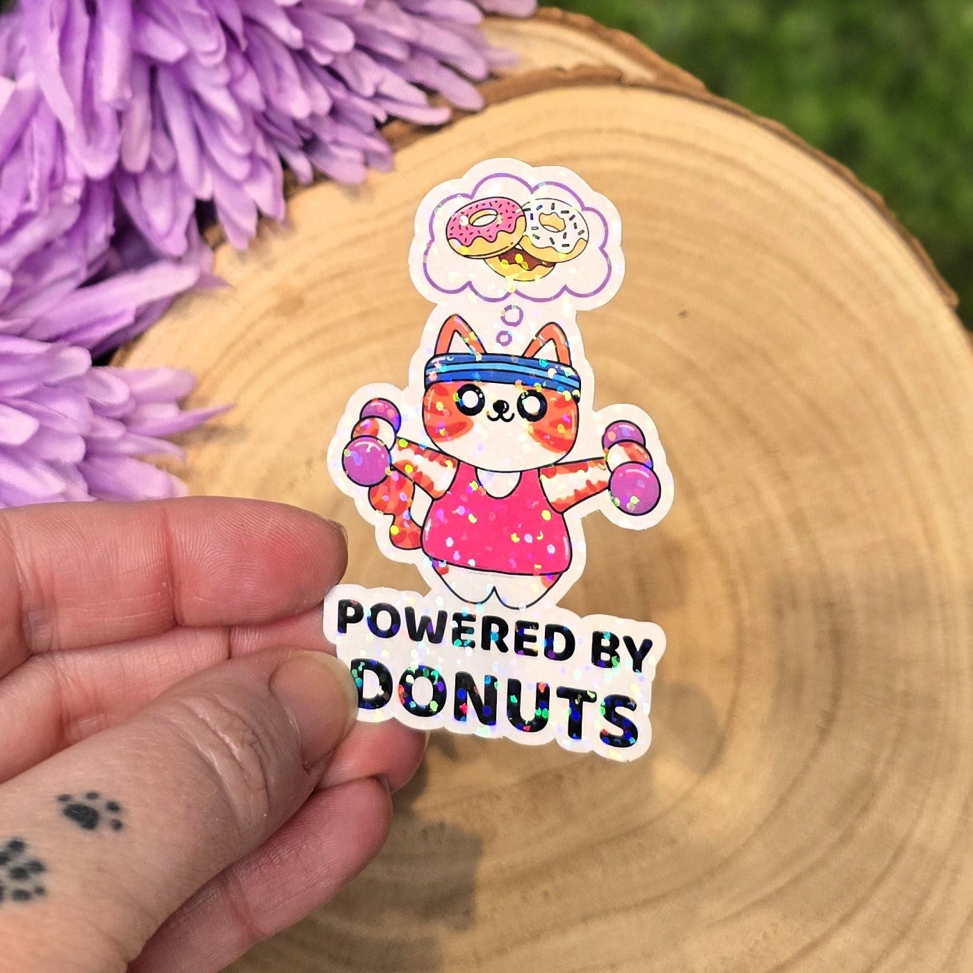 Holographic Powered by Donuts cat sticker lifting weights