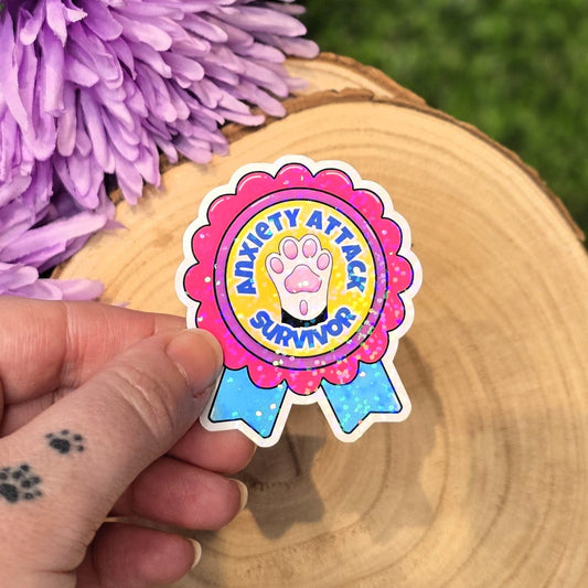 Anxiety Attack Survivor holographic sticker with cat paw badge
