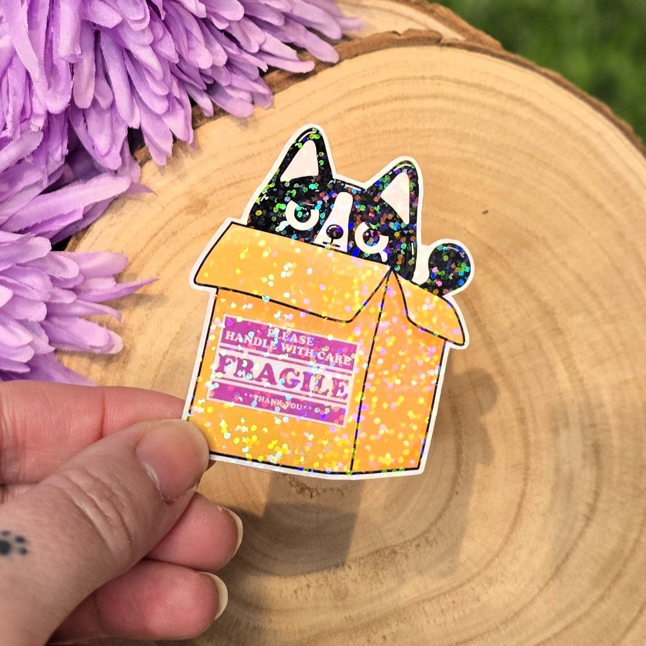 Holographic fragile cat sticker with handle with care box