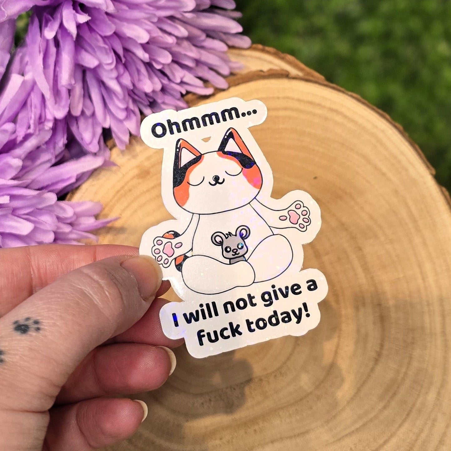 Funny holographic yoga cat sticker with Ohmmm phrase