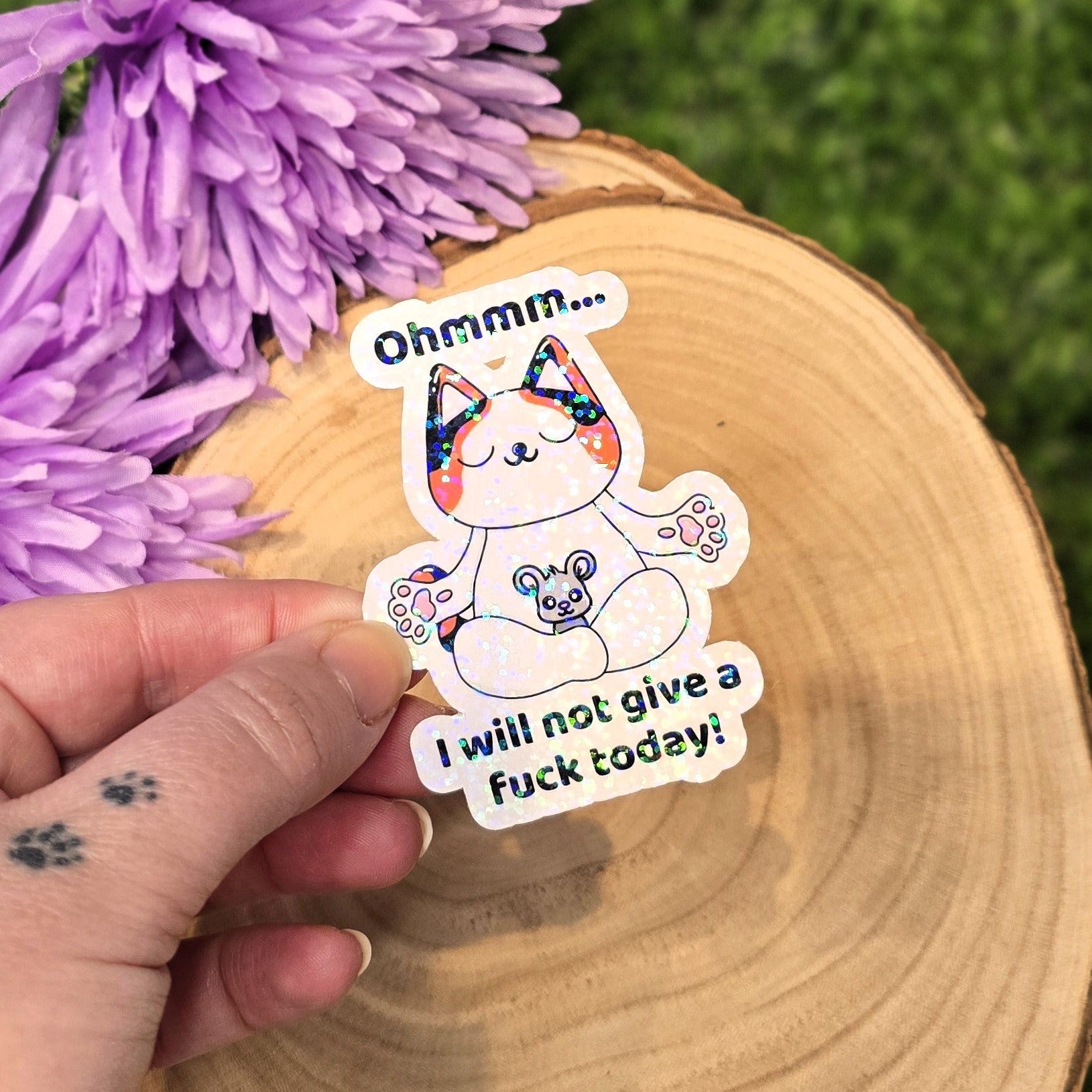 Funny holographic yoga cat sticker with Ohmmm phrase
