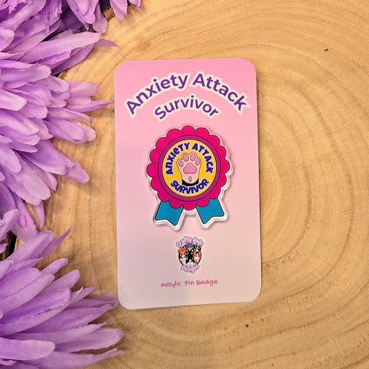Anxiety Attack Survivor acrylic pin badge with paw rosette design