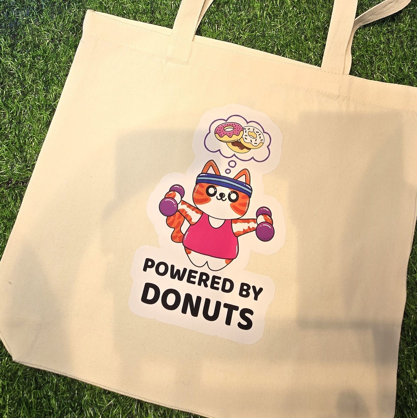 Powered by Donuts workout cat canvas tote bag