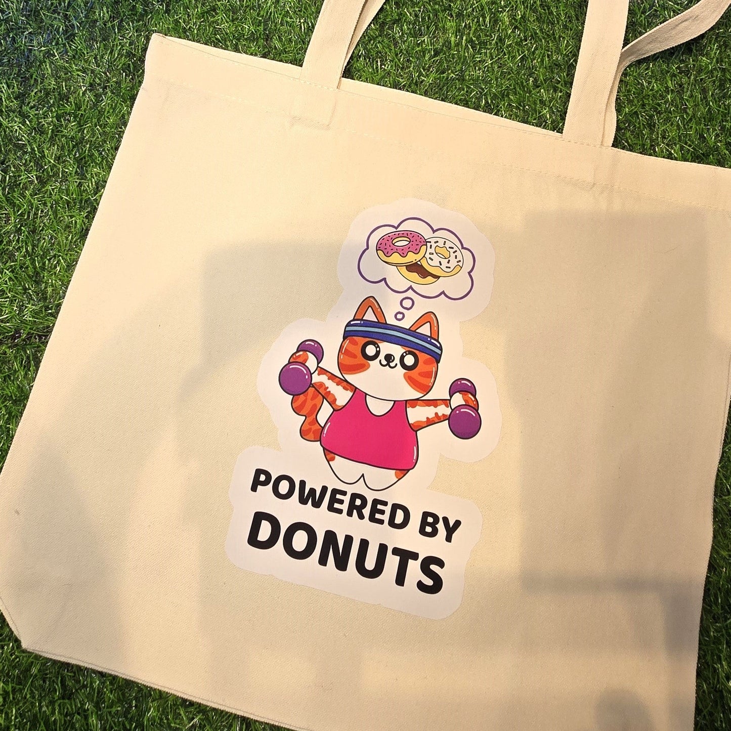 Powered by Donuts workout cat canvas tote bag