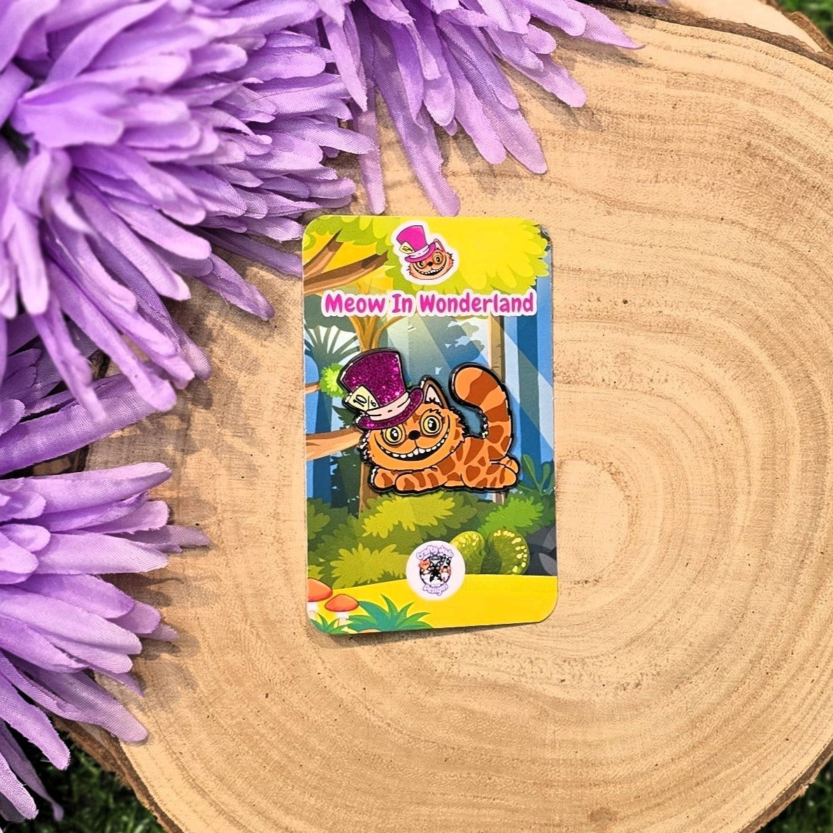 Cheshire cat enamel pin with purple glitter hat