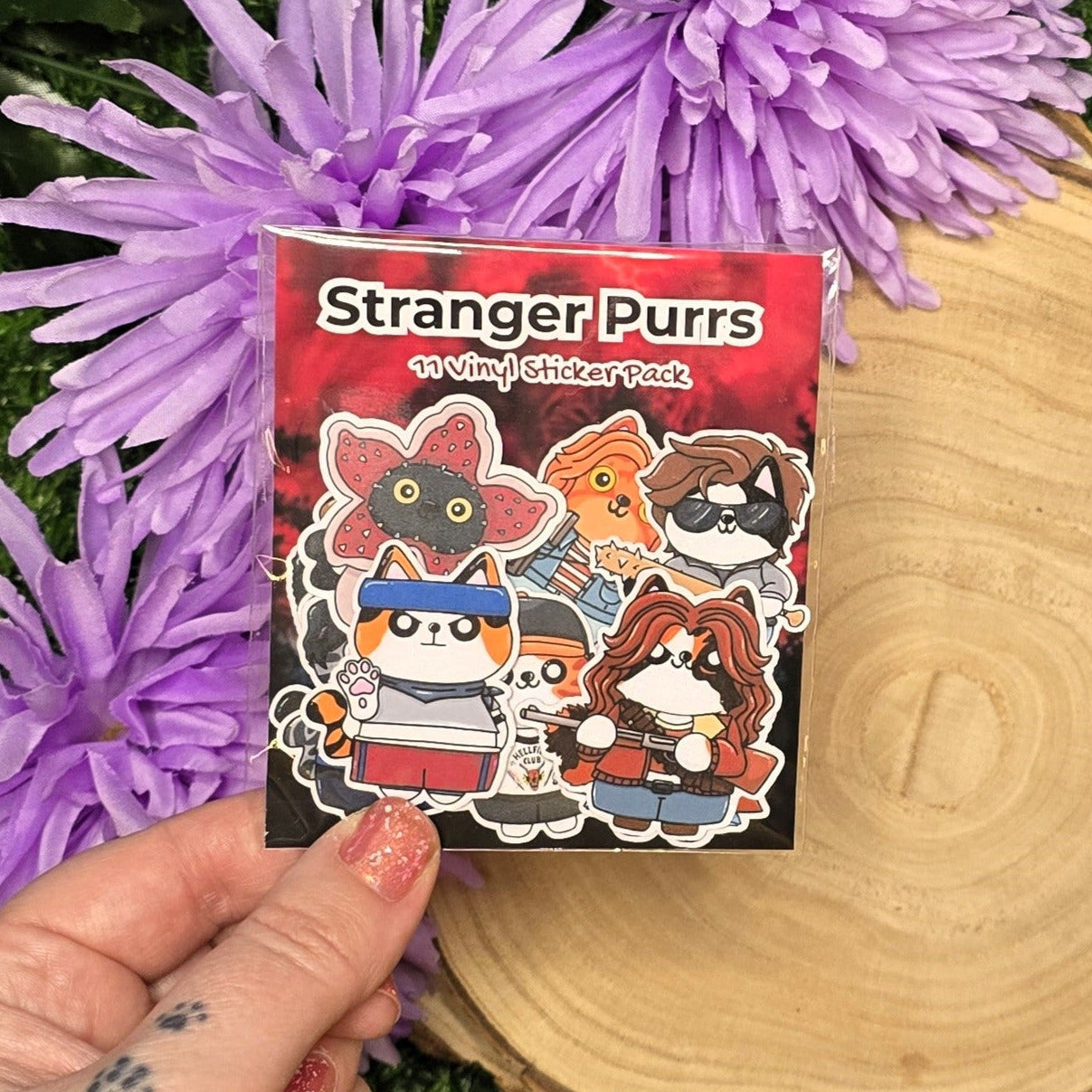 Stranger Purrs 11 piece matte vinyl cat sticker pack inspired by retro 80s supernatural horror characters handmade UK