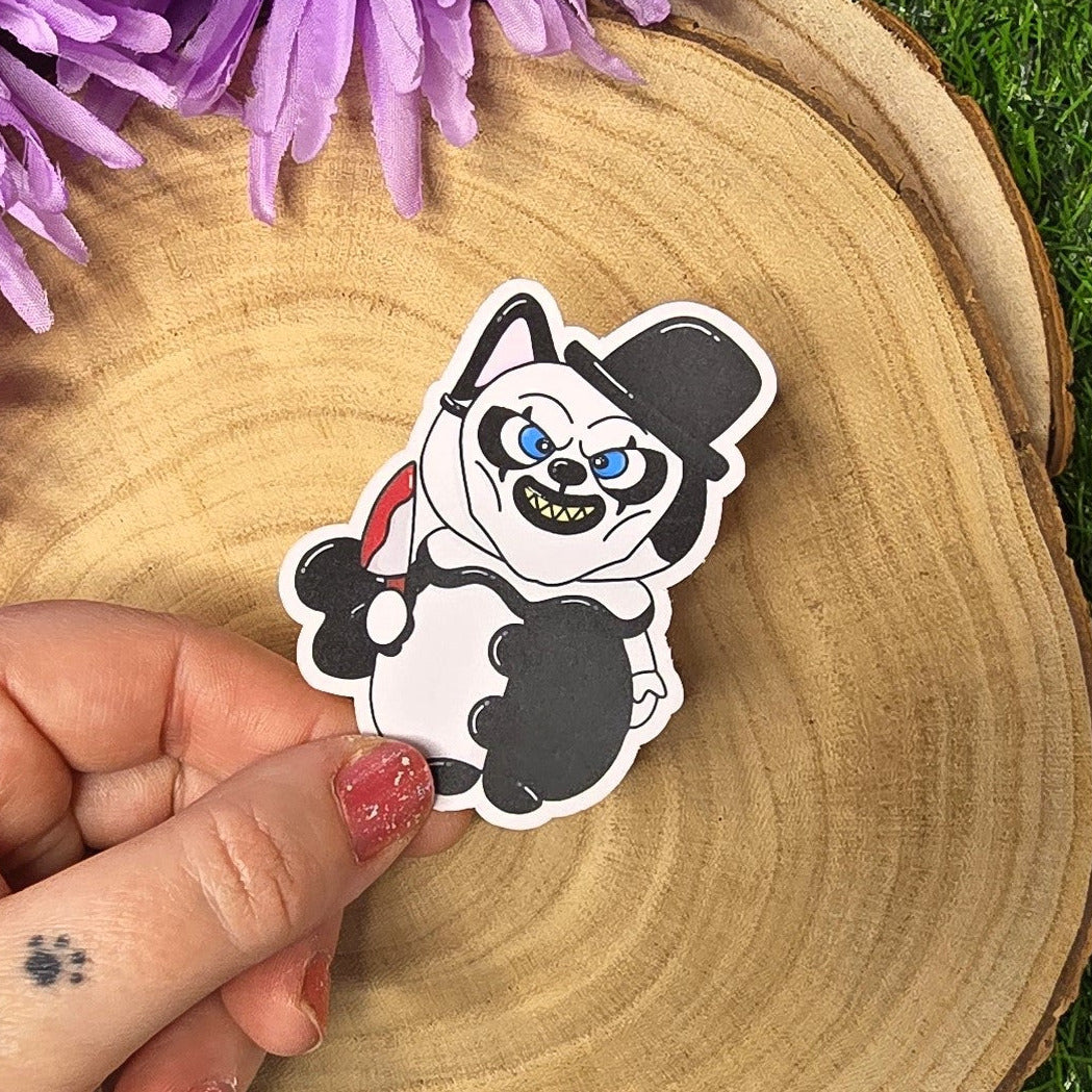 Horror clown Dave cat vinyl sticker inspired by slasher films, die cut waterproof handmade sticker 7.5cm UK