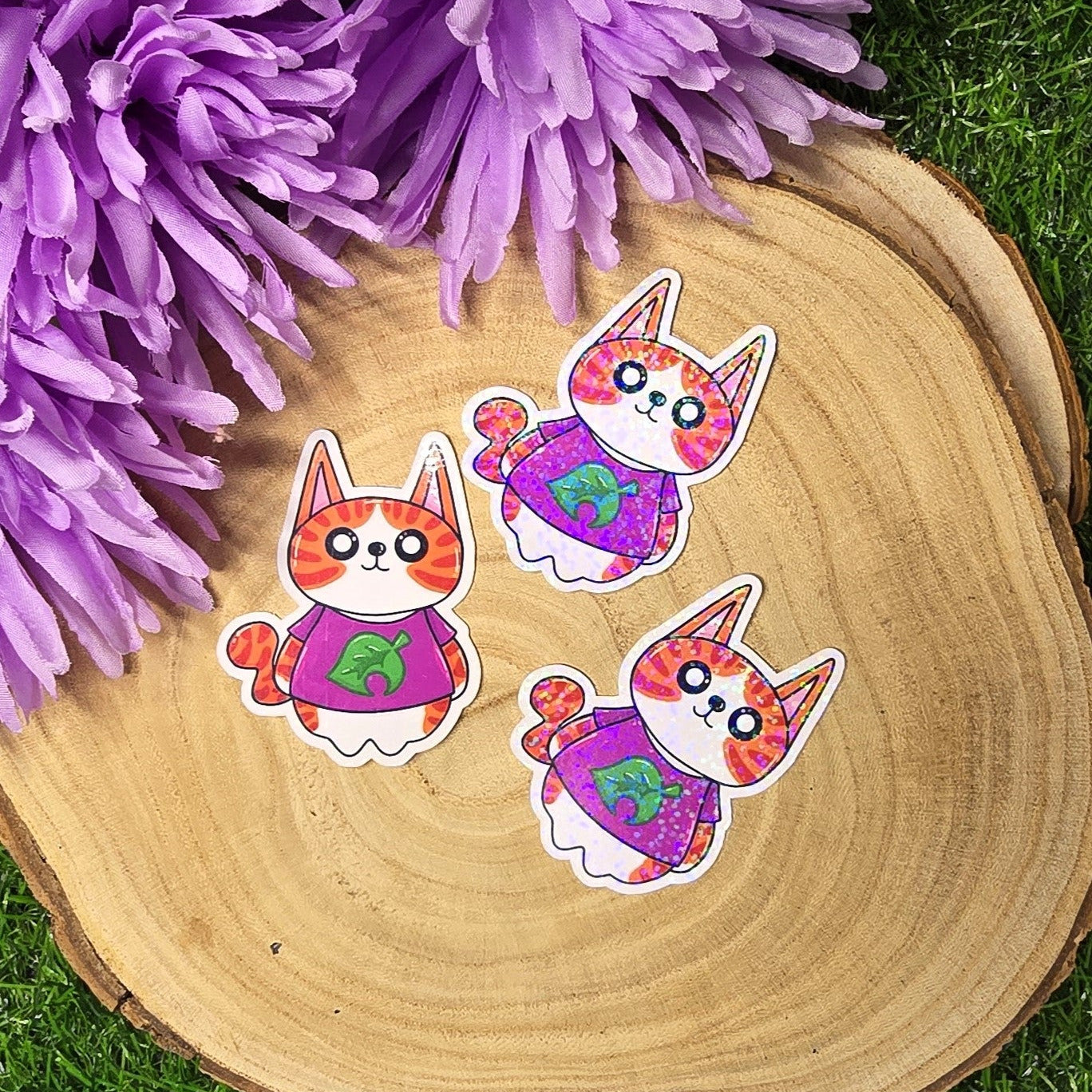 Cosy village Tony cat vinyl sticker wearing a leaf shirt, life sim inspired die cut waterproof handmade sticker 6.5cm UK