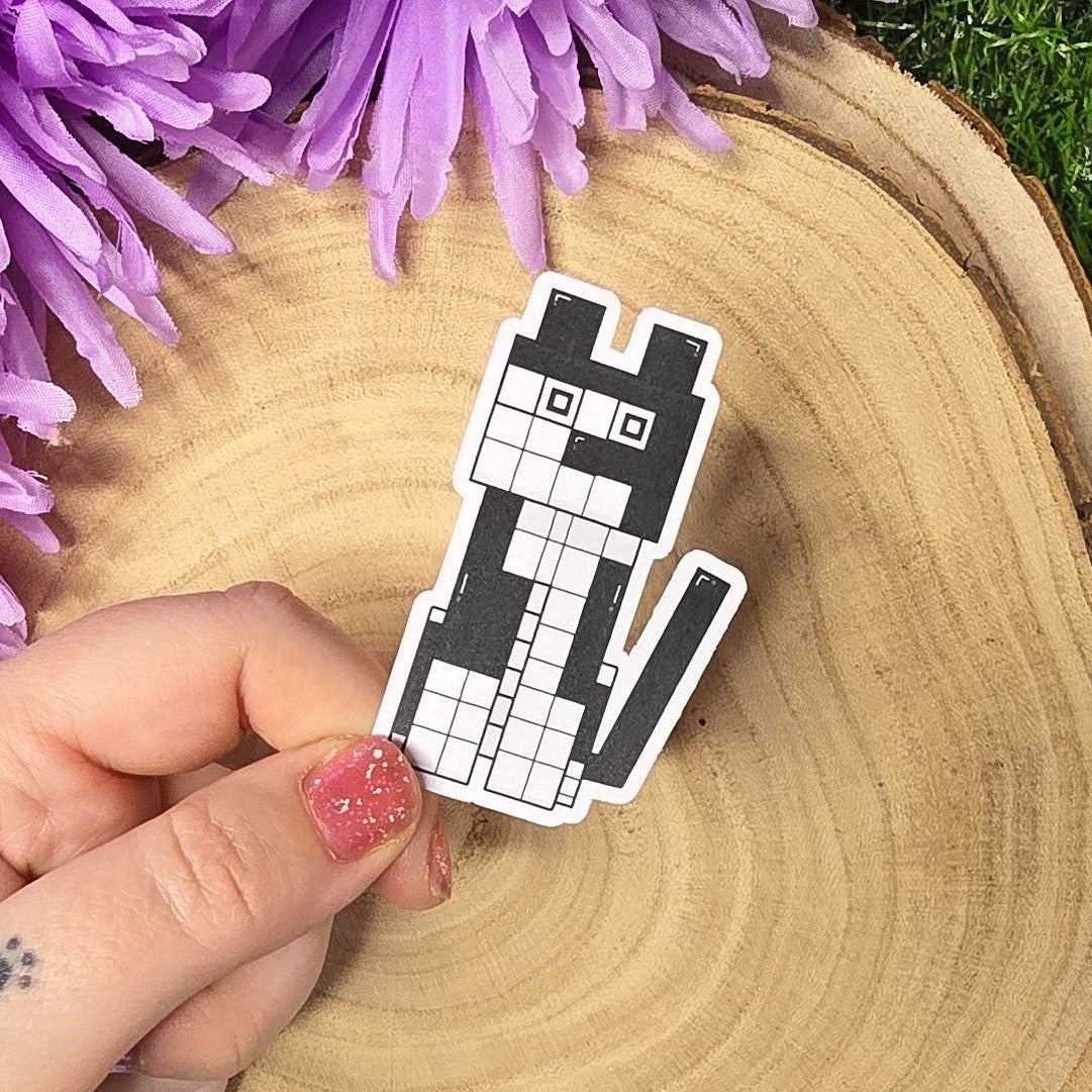 Pixel Paws Dave cat vinyl sticker in blocky voxel style, die cut waterproof gamer kitty sticker 6.7cm handmade in UK