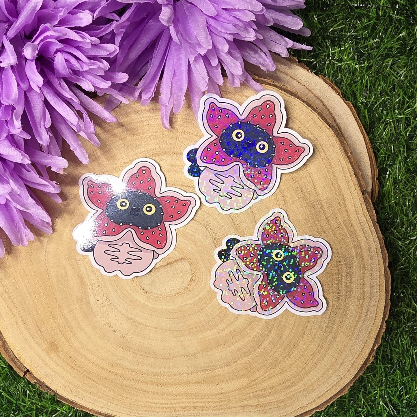 Holographic Luna black cat dressed as spooky flower monster, 80s horror inspired die cut waterproof sticker 7cm UK