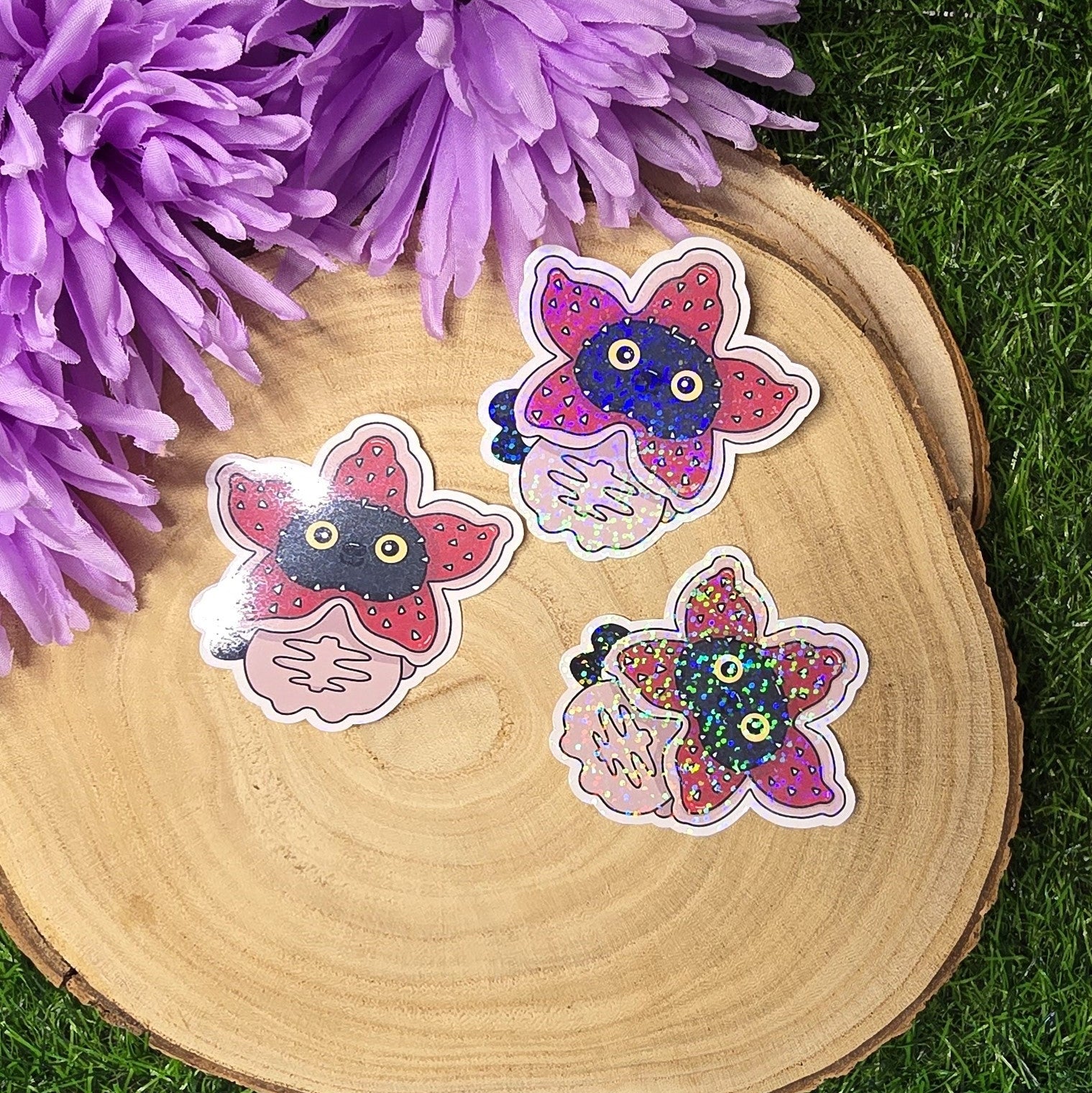 Holographic Luna black cat dressed as spooky flower monster, 80s horror inspired die cut waterproof sticker 7cm UK