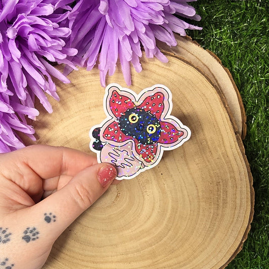 Holographic Luna black cat dressed as spooky flower monster, 80s horror inspired die cut waterproof sticker 7cm UK