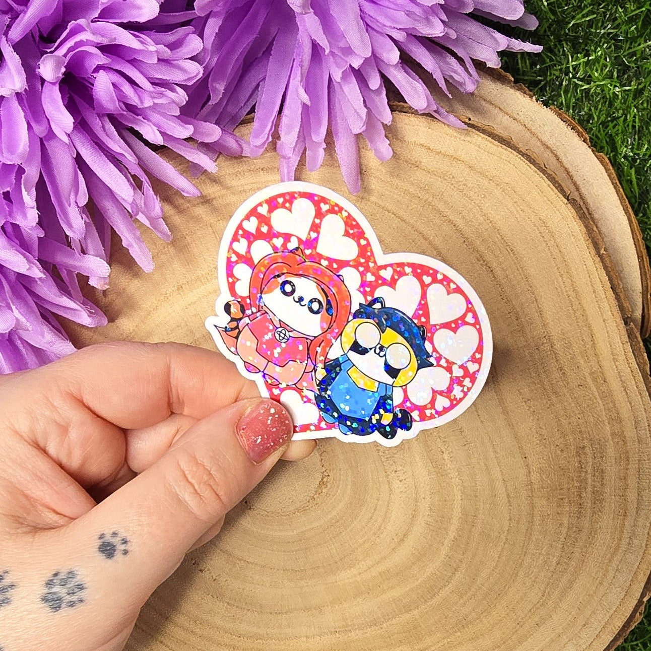 Holographic superhero power couple cat vinyl sticker with heart surround, comic inspired die cut waterproof handmade sticker 6cm UK