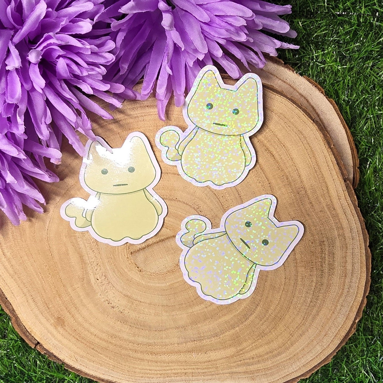Holographic glow spirit cat vinyl sticker in pastel green, shy ghost style die cut waterproof handmade sticker 7.5cm UK