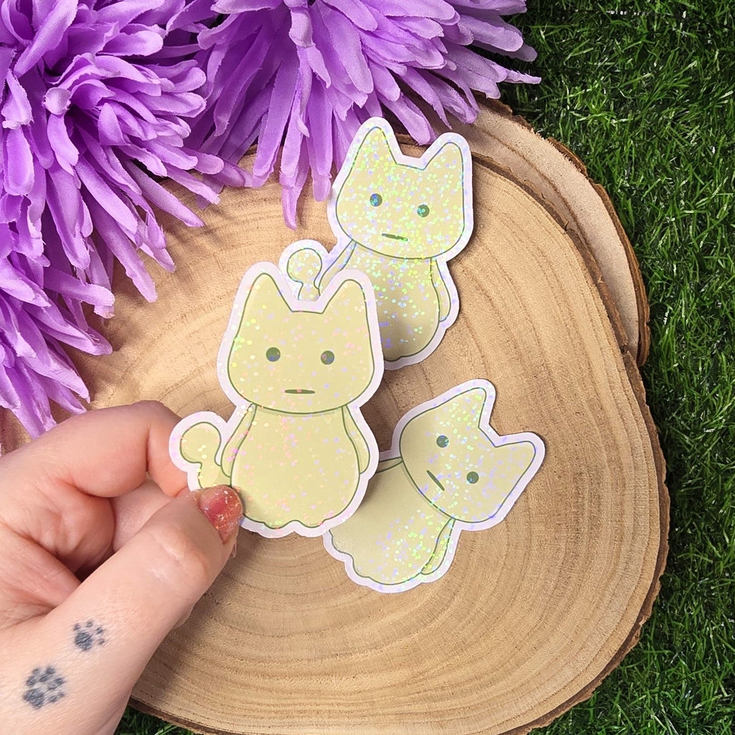 Holographic glow spirit cat vinyl sticker in pastel green, shy ghost style die cut waterproof handmade sticker 7.5cm UK