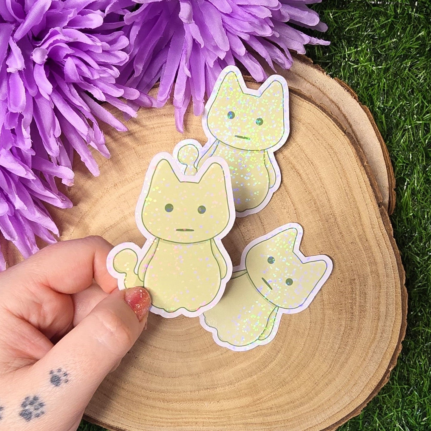 Glow Spirit Cat Holographic Vinyl Sticker – Cute Shy Ghost Kitty Die Cut Waterproof Laptop Sticker