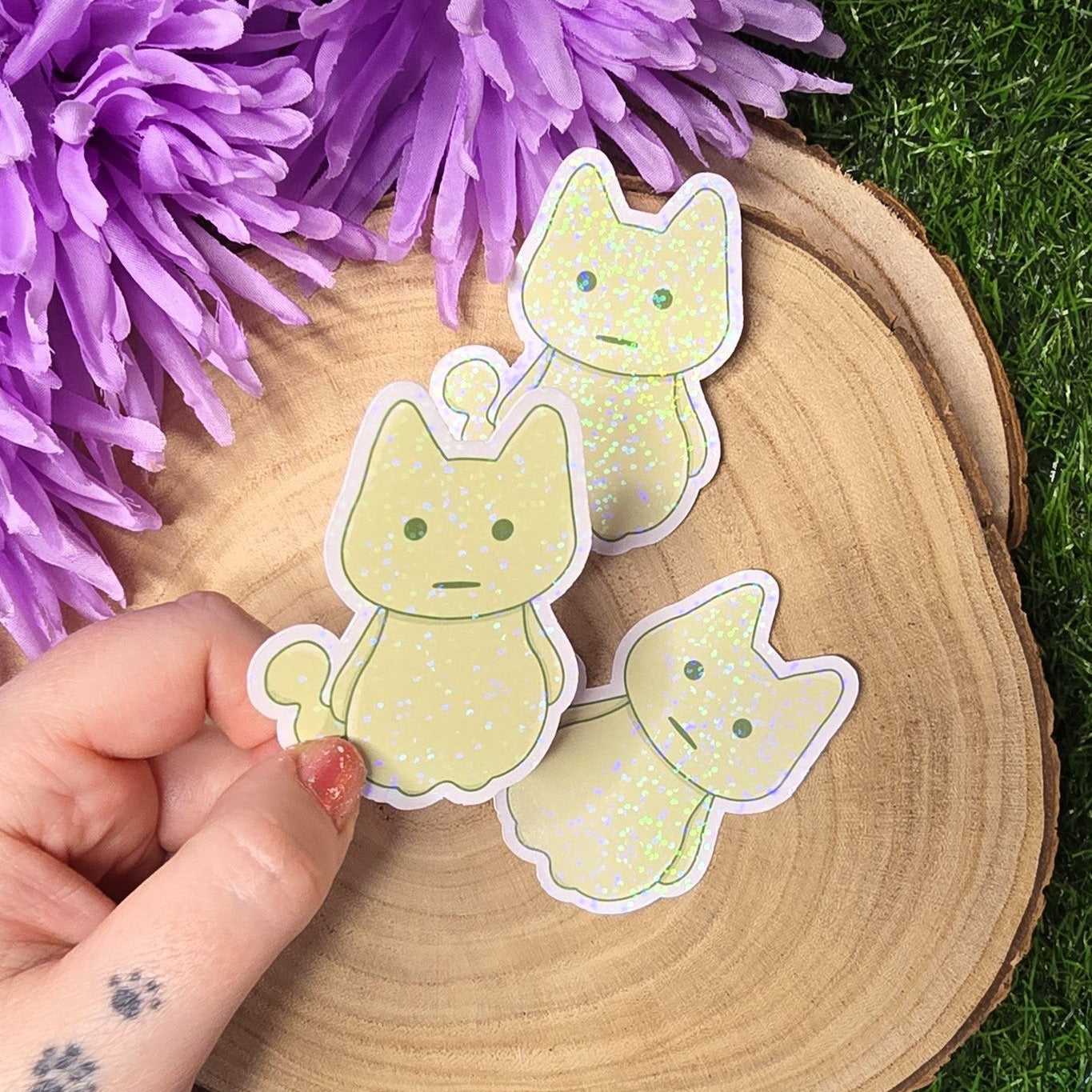 Holographic glow spirit cat vinyl sticker in pastel green, shy ghost style die cut waterproof handmade sticker 7.5cm UK