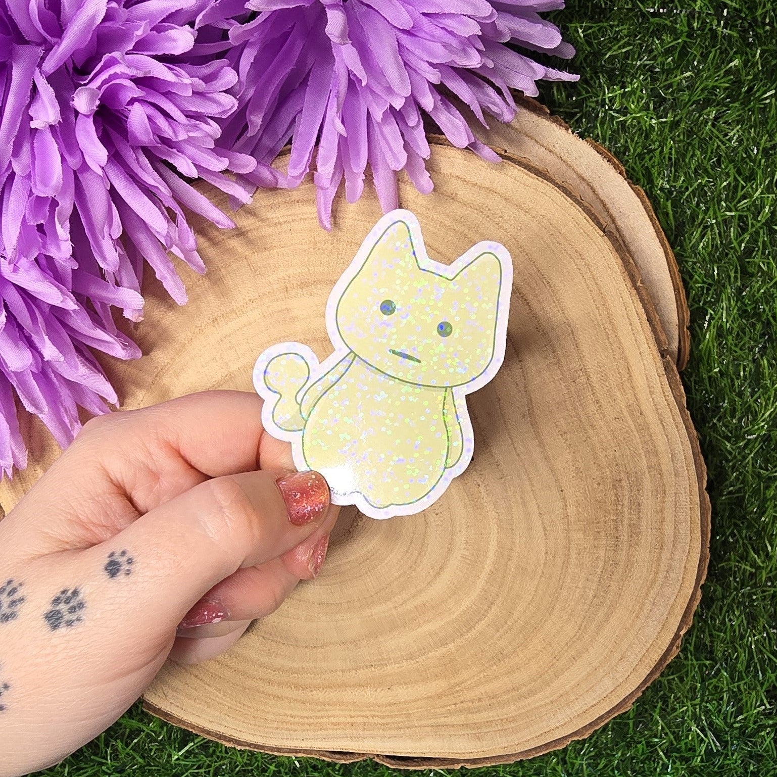 Holographic glow spirit cat vinyl sticker in pastel green, shy ghost style die cut waterproof handmade sticker 7.5cm UK