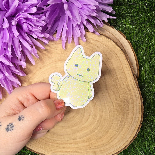 Holographic glow spirit cat vinyl sticker in pastel green, shy ghost style die cut waterproof handmade sticker 7.5cm UK