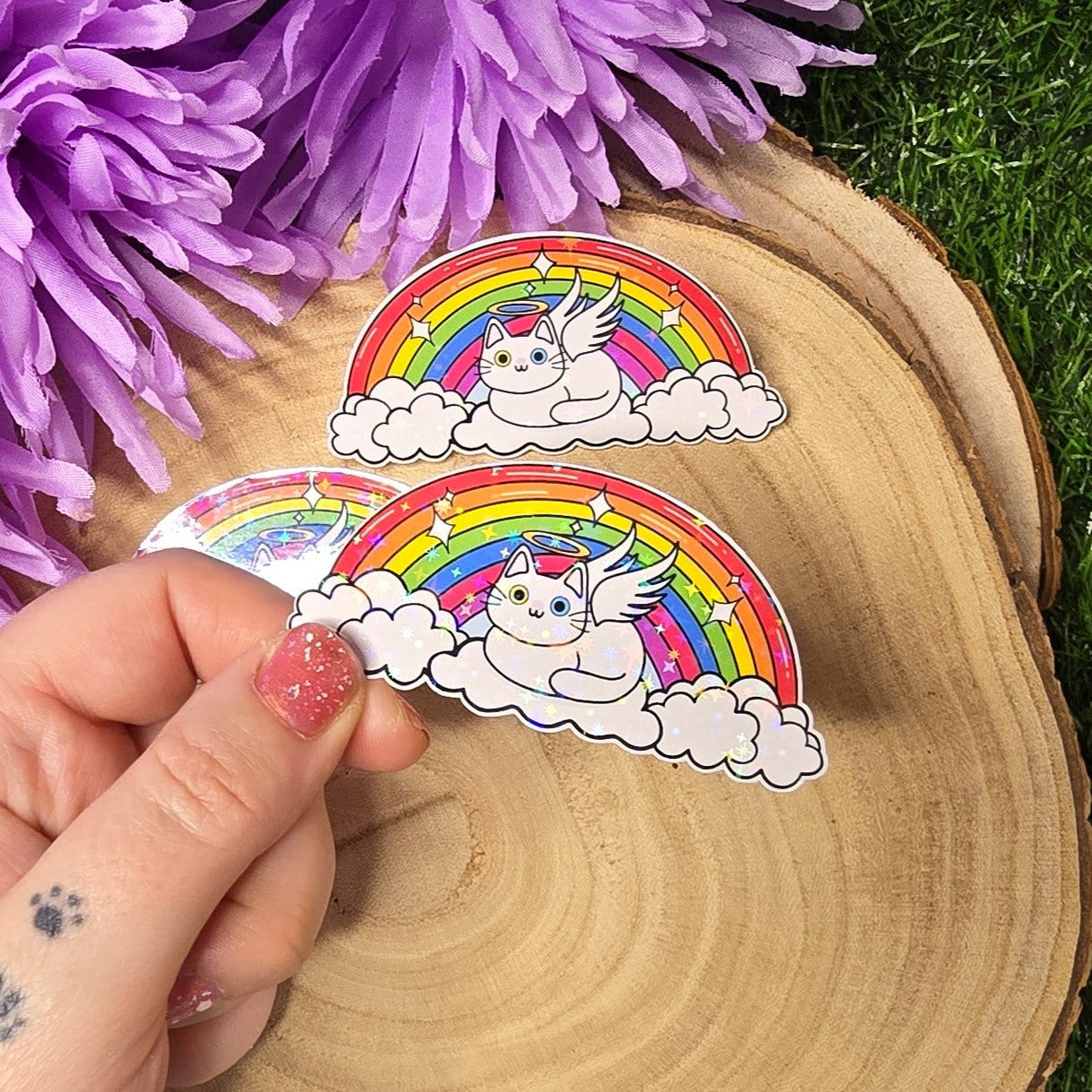 Holographic angel cat vinyl sticker resting on clouds under rainbow, memorial pet rainbow bridge design 8cm UK handmade