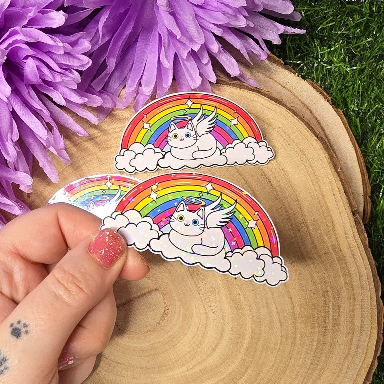 Holographic angel cat vinyl sticker resting on clouds under rainbow, memorial pet rainbow bridge design 8cm UK handmade