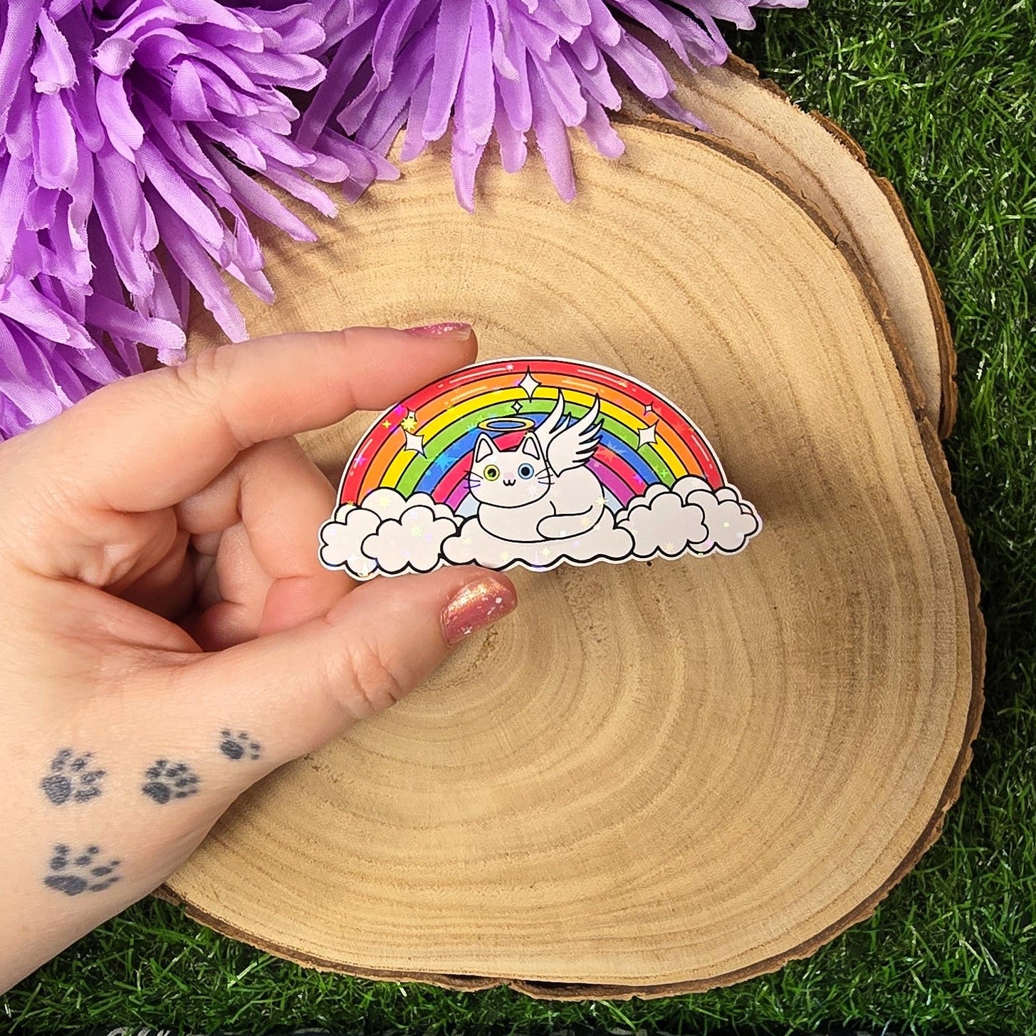 Holographic angel cat vinyl sticker resting on clouds under rainbow, memorial pet rainbow bridge design 8cm UK handmade