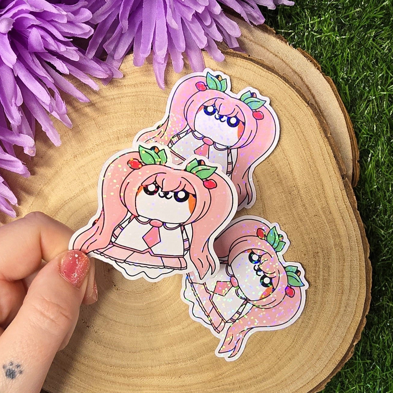 Pink version:
Holographic pink twin tail idol Kira cat vinyl sticker, anime inspired die cut waterproof handmade sticker 6.5cm UK