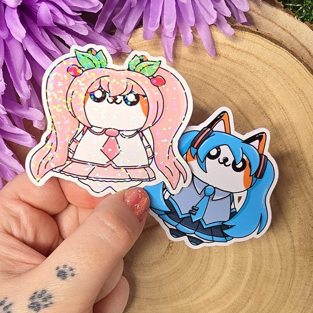 
Holographic pink twin tail idol Kira cat vinyl sticker and blue version, anime inspired die cut waterproof handmade sticker 6.5cm UK