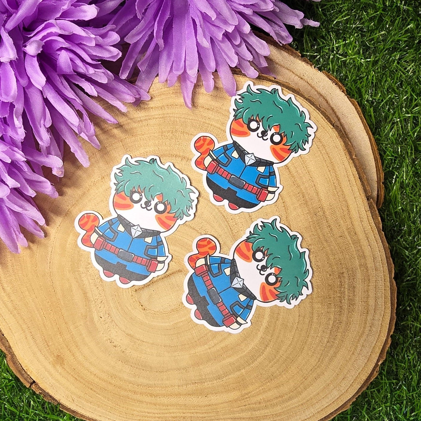 Green hero academy inspired cat vinyl sticker, anime style die cut waterproof handmade sticker 7cm UK
