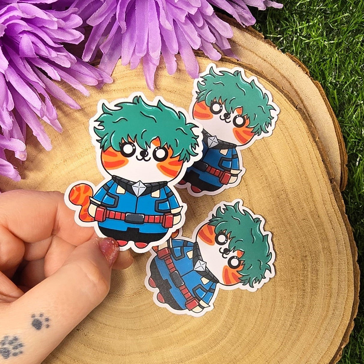 Green hero academy inspired cat vinyl sticker, anime style die cut waterproof handmade sticker 7cm UK
